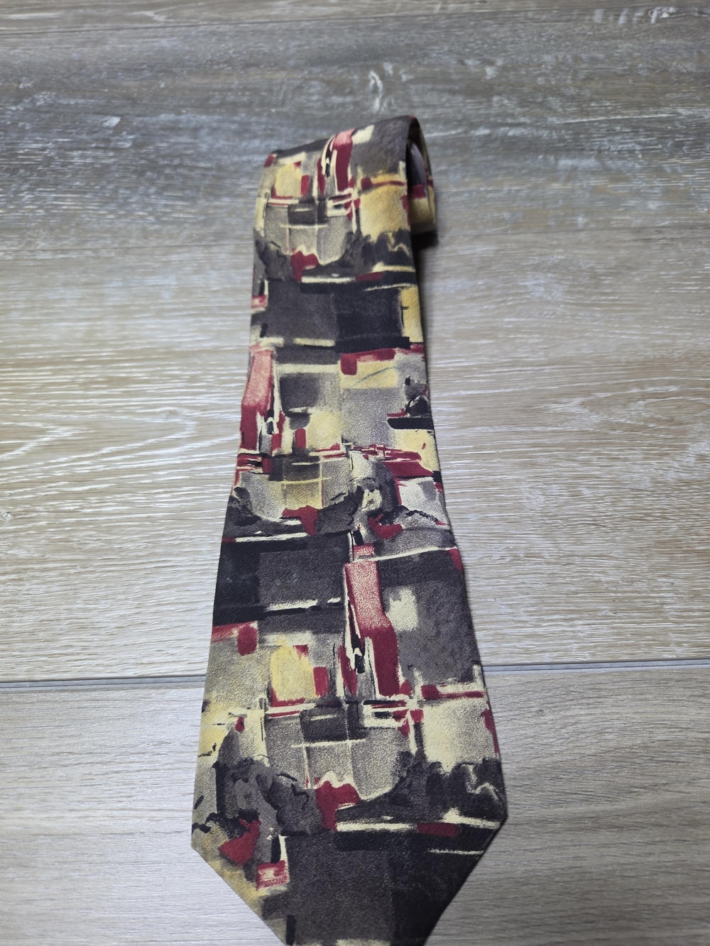 John Henry Men's Abstract Geometric Neck Tie Red Gray Yellow